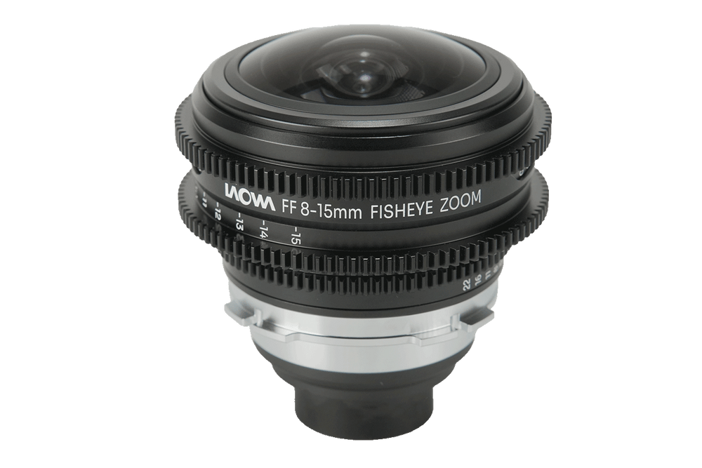Angled side and top view of the Laowa 8-15mm T2.9 Fisheye Zoom PL mount lens