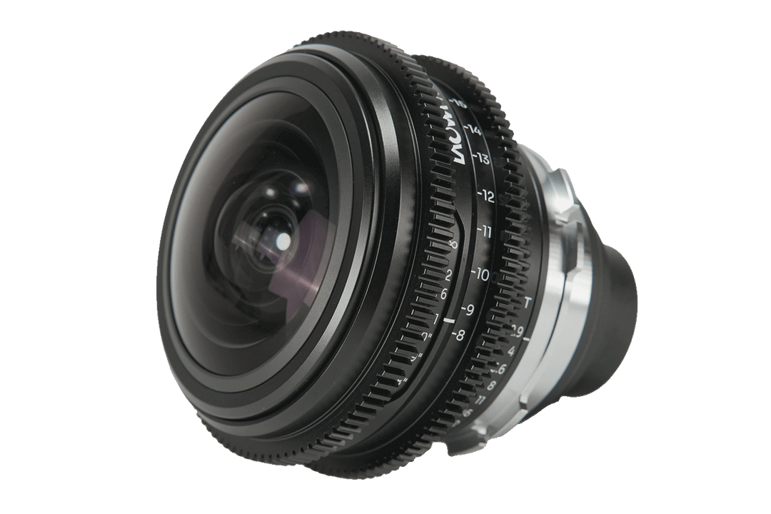 Angled horizontal view of the front and sides of the Laowa 8-15mm T2.9 Fisheye Zoom PL mount lens - including iris and focus gears