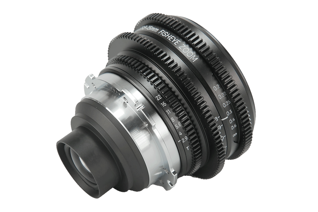 Viewing the side and rear mount of the Laowa 8-15mm T2.9 Fisheye Zoom PL mount lens - including iris, zoom and focus gears