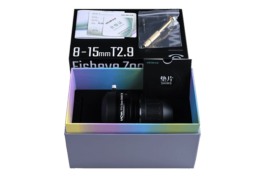 Laowa 8-15mm T2.9 Fisheye Zoom PL mount lens set with packaging and included accessories